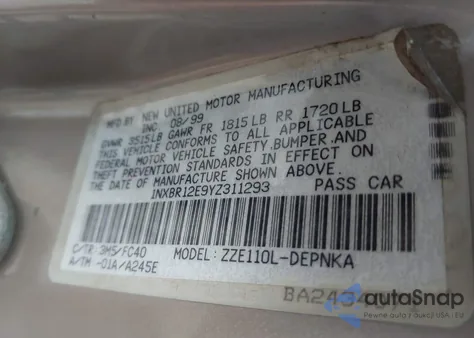 2000 Toyota Corolla Le z USA, uszkodzony, nr VIN 1NXBR12E9YZ311293